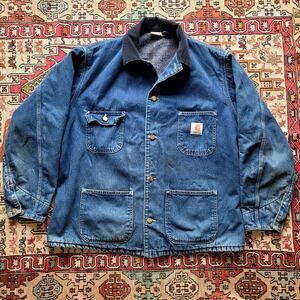Vintage 90s Distressed Carhartt Jean Jacket Corduroy Collar Lined Size L